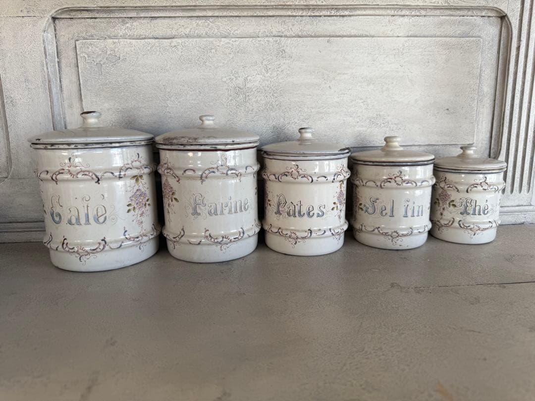 フランスアンティークホーローアールヌーボー可憐な花柄キャニスター5個セット