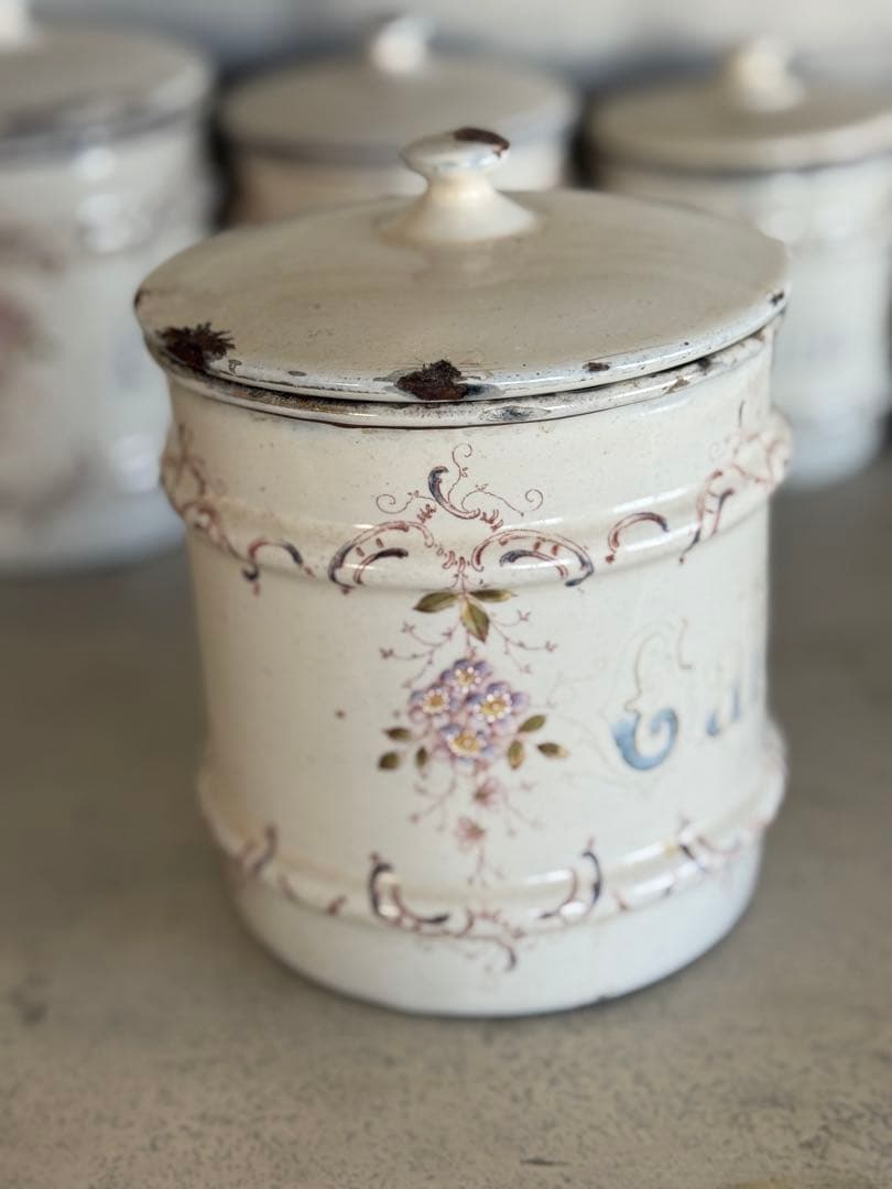 フランスアンティークホーローアールヌーボー可憐な花柄キャニスター5個セット