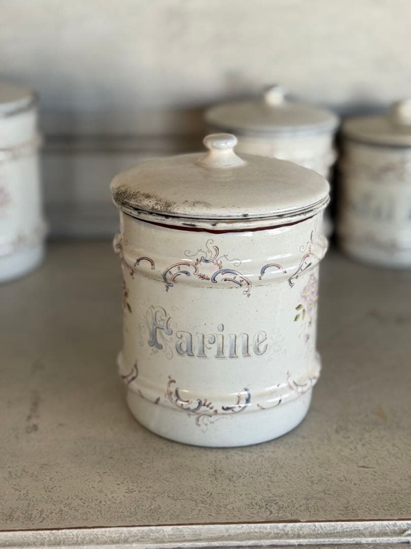 フランスアンティークホーローアールヌーボー可憐な花柄キャニスター5個セット