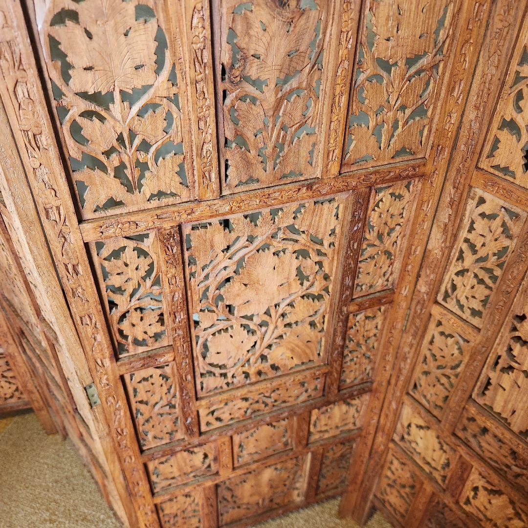 パーティション　木製　アジアン　手彫り　彫刻　アンティーク　衝立　目隠し