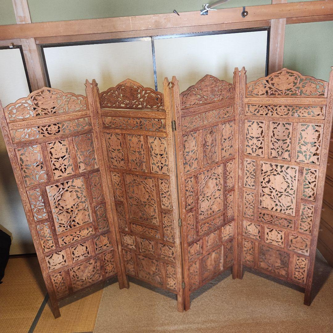 パーティション　木製　アジアン　手彫り　彫刻　アンティーク　衝立　目隠し