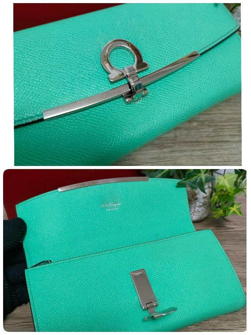 極希少 Ferragamo 長財布 グリーン メタルバー フェラガモ 財布 緑