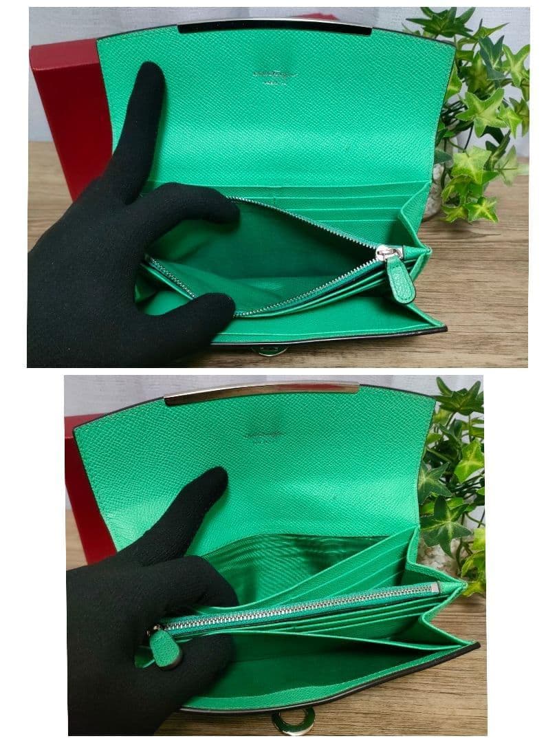 極希少 Ferragamo 長財布 グリーン メタルバー フェラガモ 財布 緑