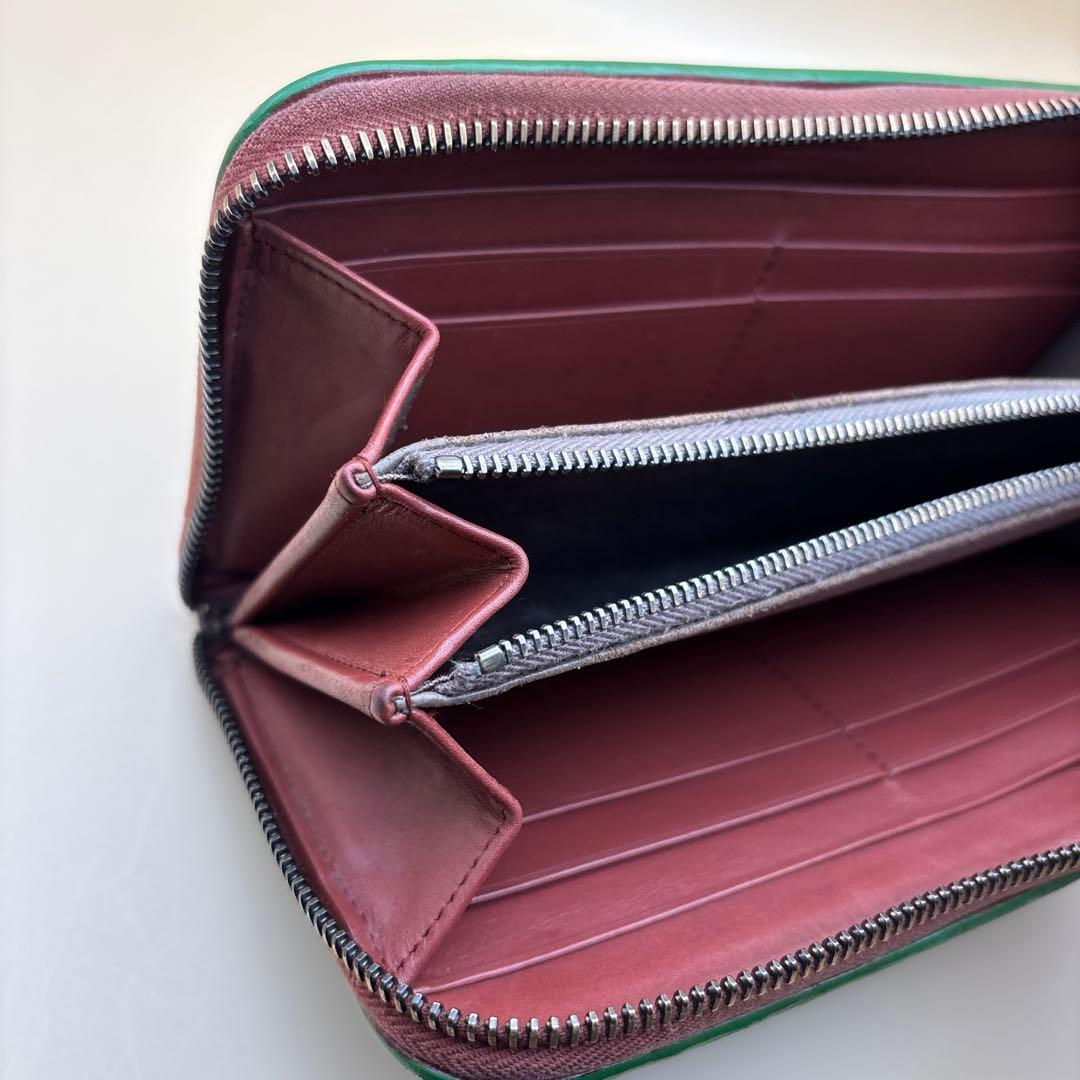 ①◆正規品◆ボッティガヴェネタイントレチャート ラウンドファスナー長財布グリーン