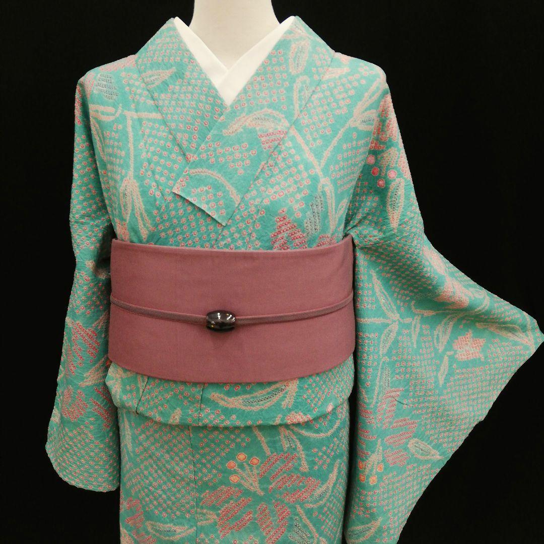 有松鳴海絞り浴衣　(ユリ紋様　未使用　裄たっぷり　翡翠色系)