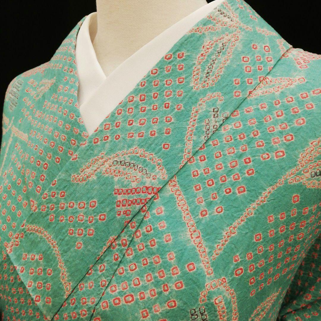 有松鳴海絞り浴衣　(ユリ紋様　未使用　裄たっぷり　翡翠色系)