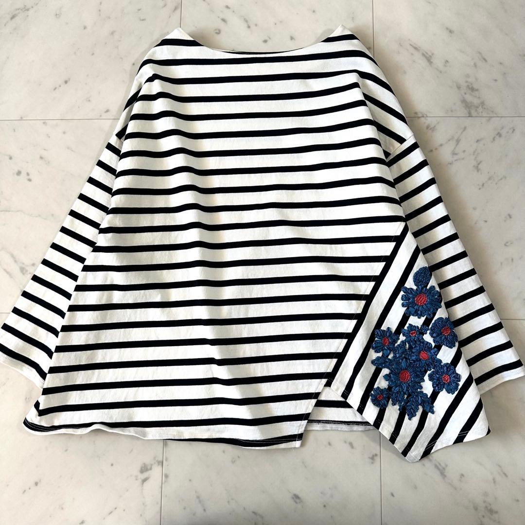 極美品♪ビアズリー アシンメトリー 切替ボーダーブラウス 花刺繍 フラワー