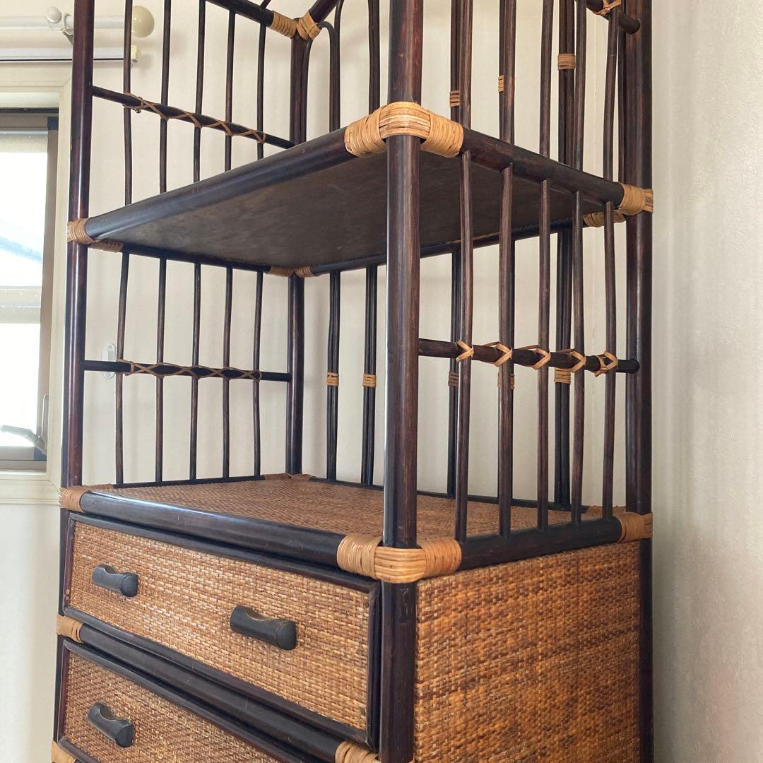 【18日までお買い得価格】天然木ラタン・タンス5段と飾り棚・希少な形