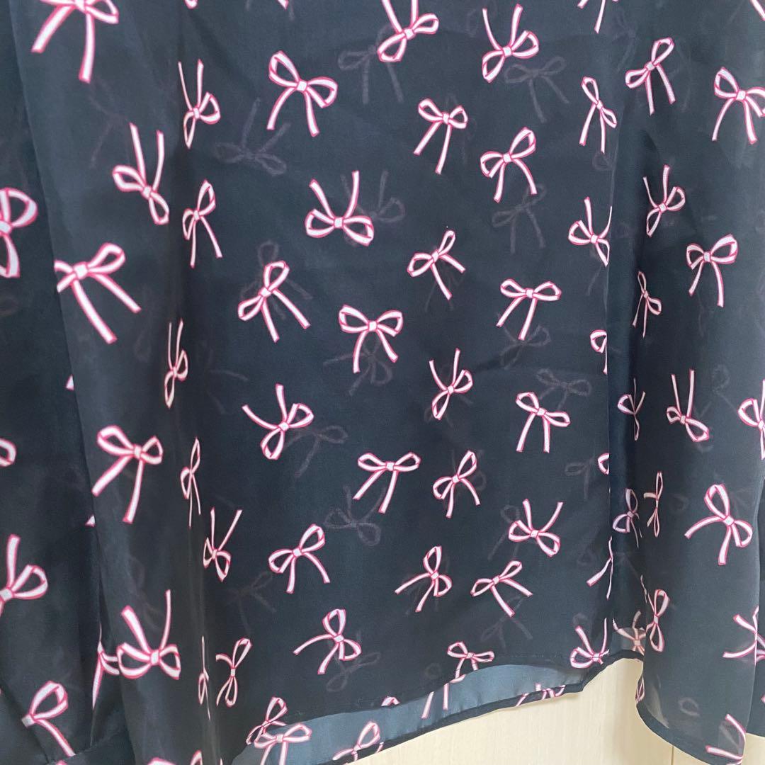24SS♡ANAYI リボンプリントタックスリーブブラウス 36 とろみ シアー