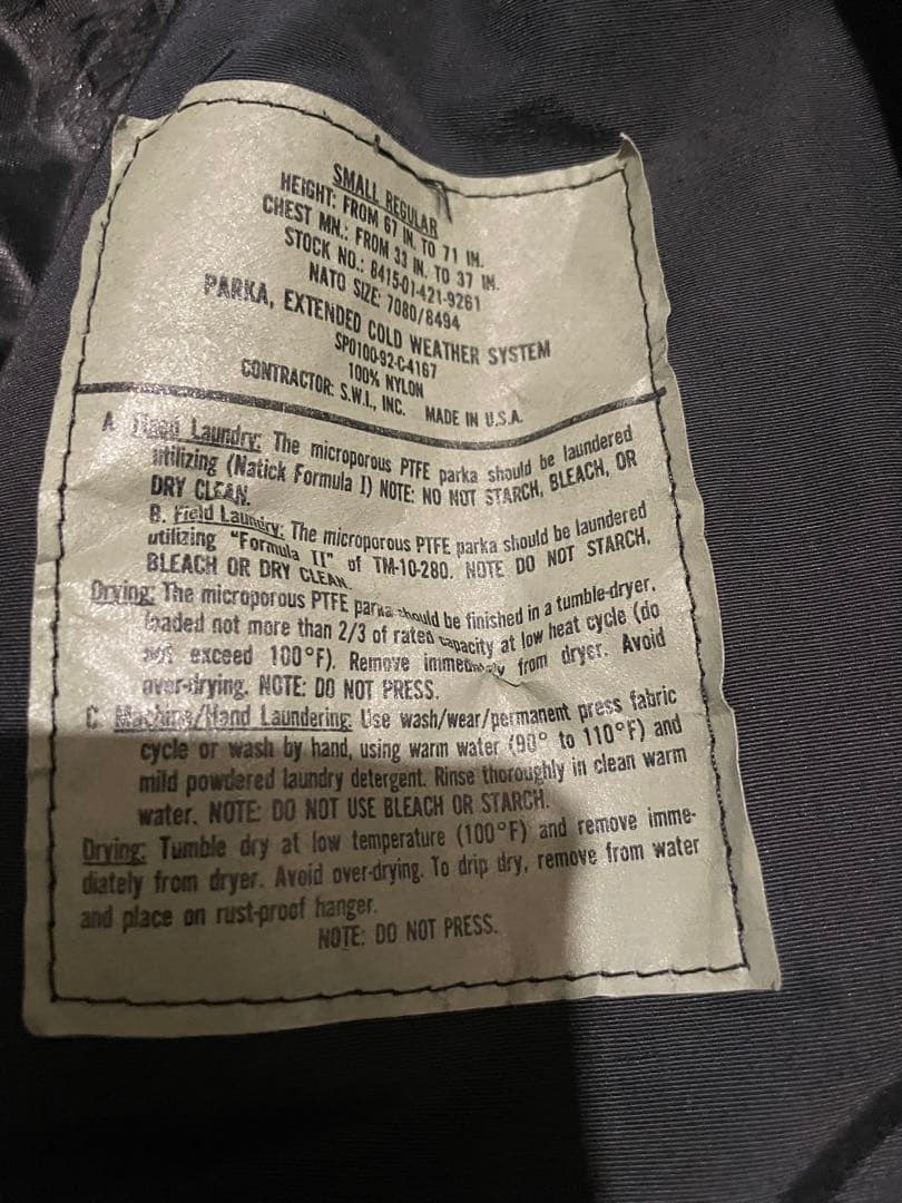 アメリカ軍ECWCSgen2 ゴアテックスマウンテンパーカーサイズS-REG黒