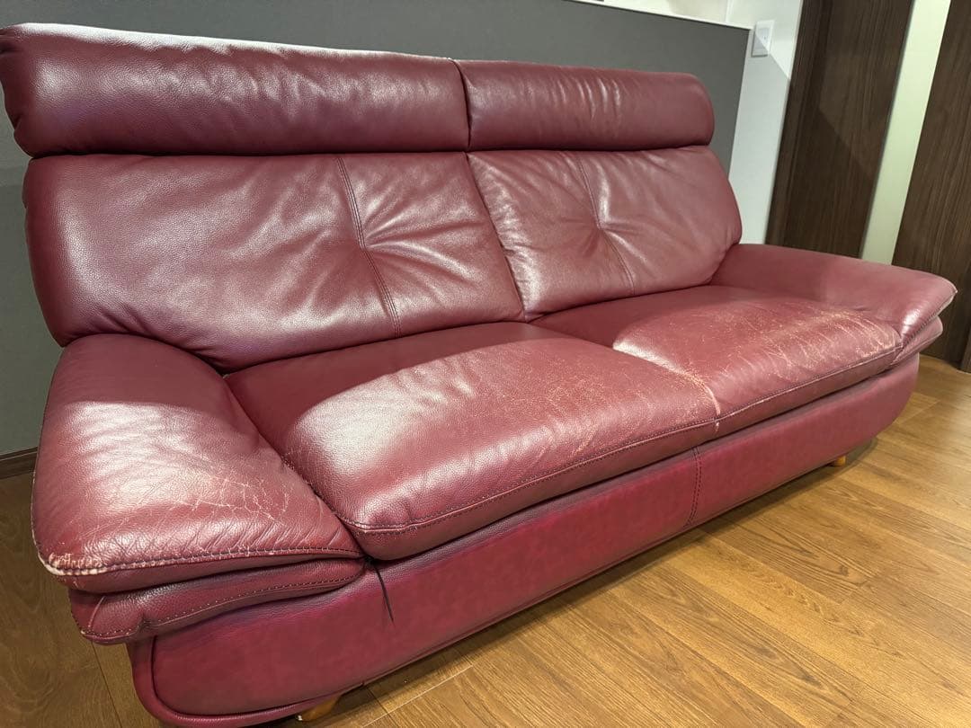 送料込み 本革 3人掛け ソファ ワインレッド 総革張り 3P ソファー