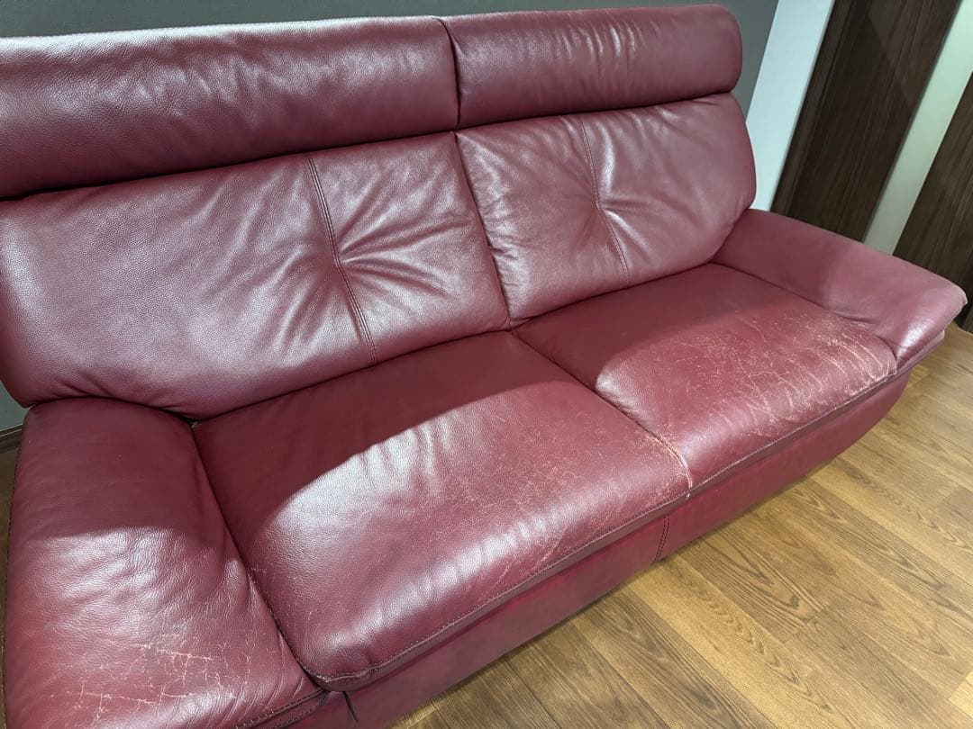 送料込み 本革 3人掛け ソファ ワインレッド 総革張り 3P ソファー
