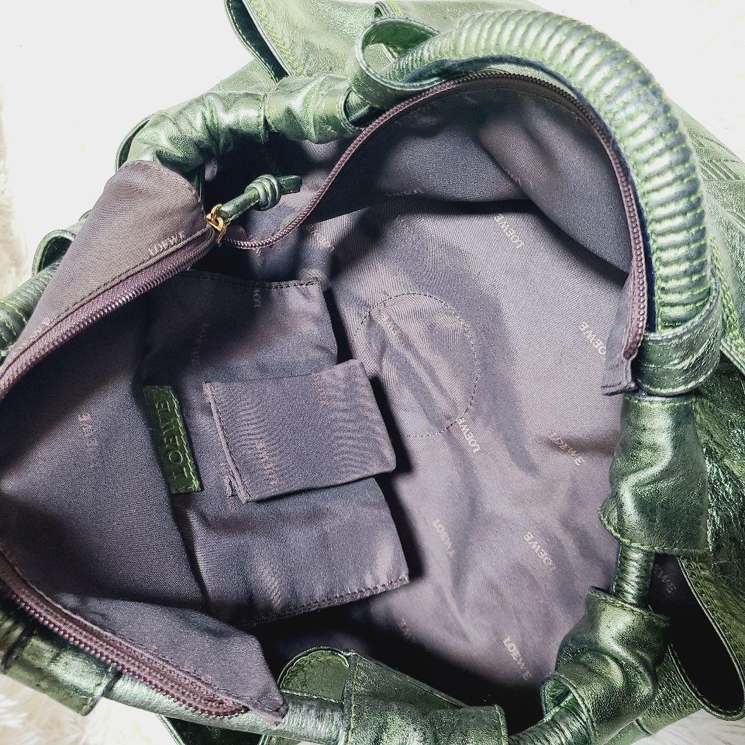 ロエベ　ハンドバッグ　ナッパアイレ　アナグラム　グリーンゴールド　レザー