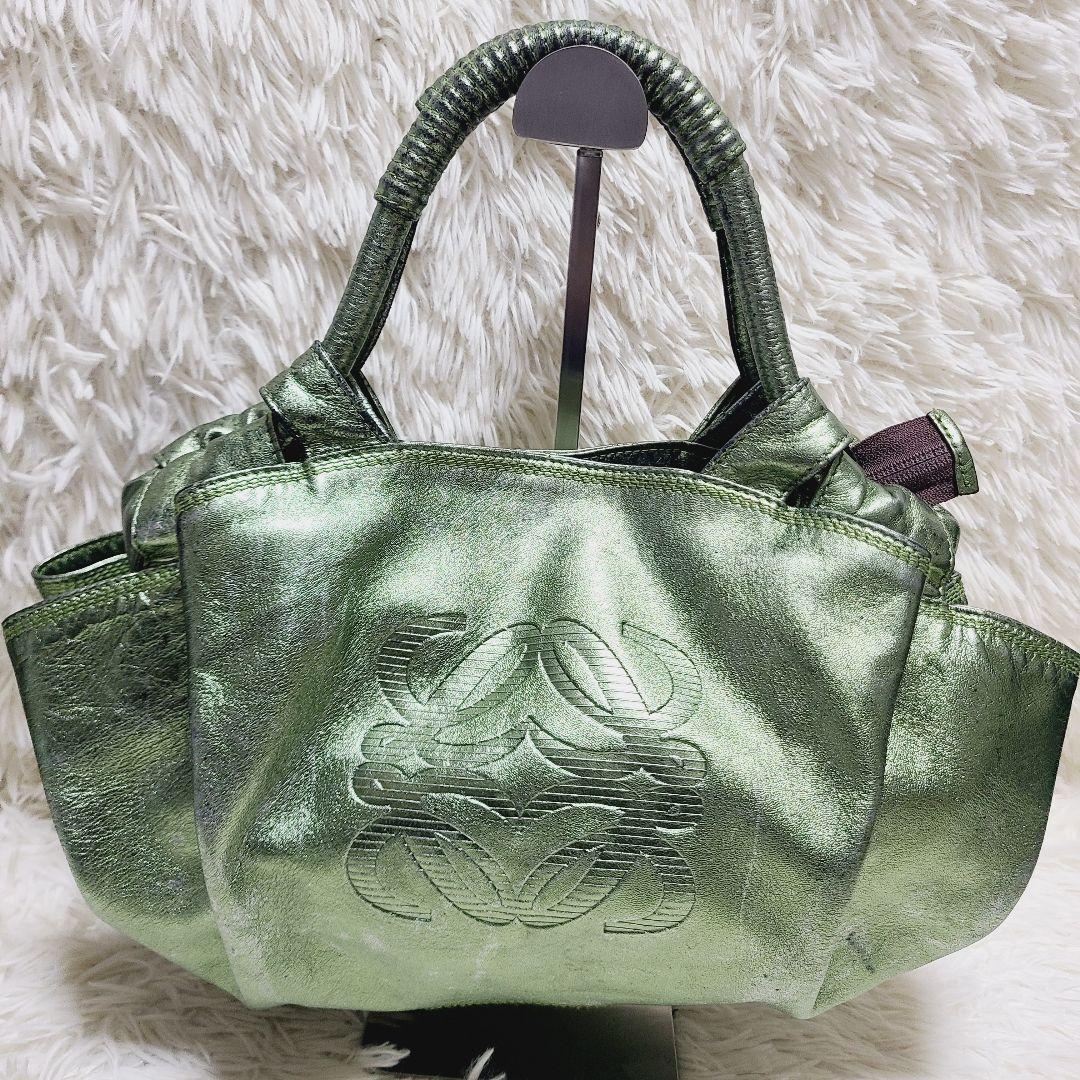 ロエベ　ハンドバッグ　ナッパアイレ　アナグラム　グリーンゴールド　レザー