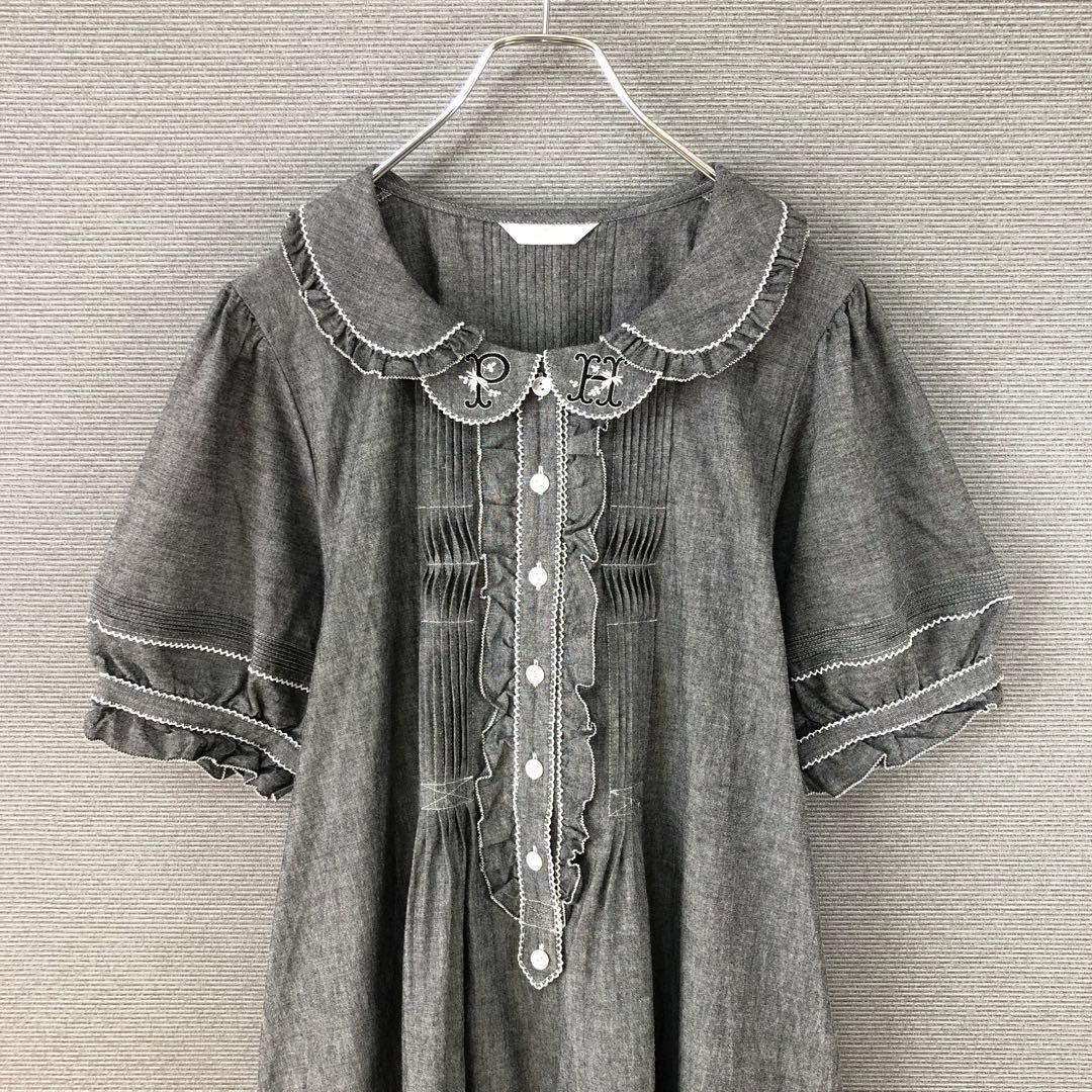 美品 PINK HOUSE ロゴ刺繍ダンガリーワンピース F グレー