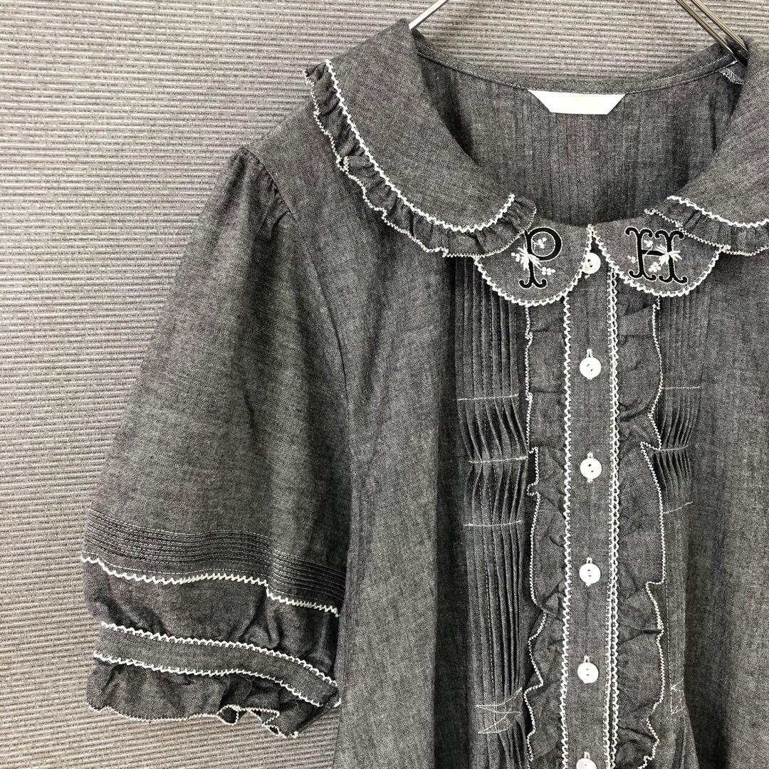 美品 PINK HOUSE ロゴ刺繍ダンガリーワンピース F グレー