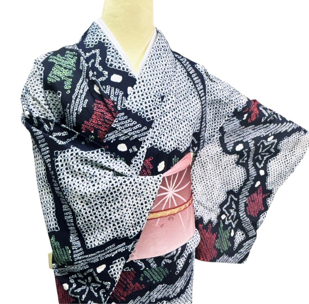 A72有松鳴海絞り 高級浴衣 花 綿　美品