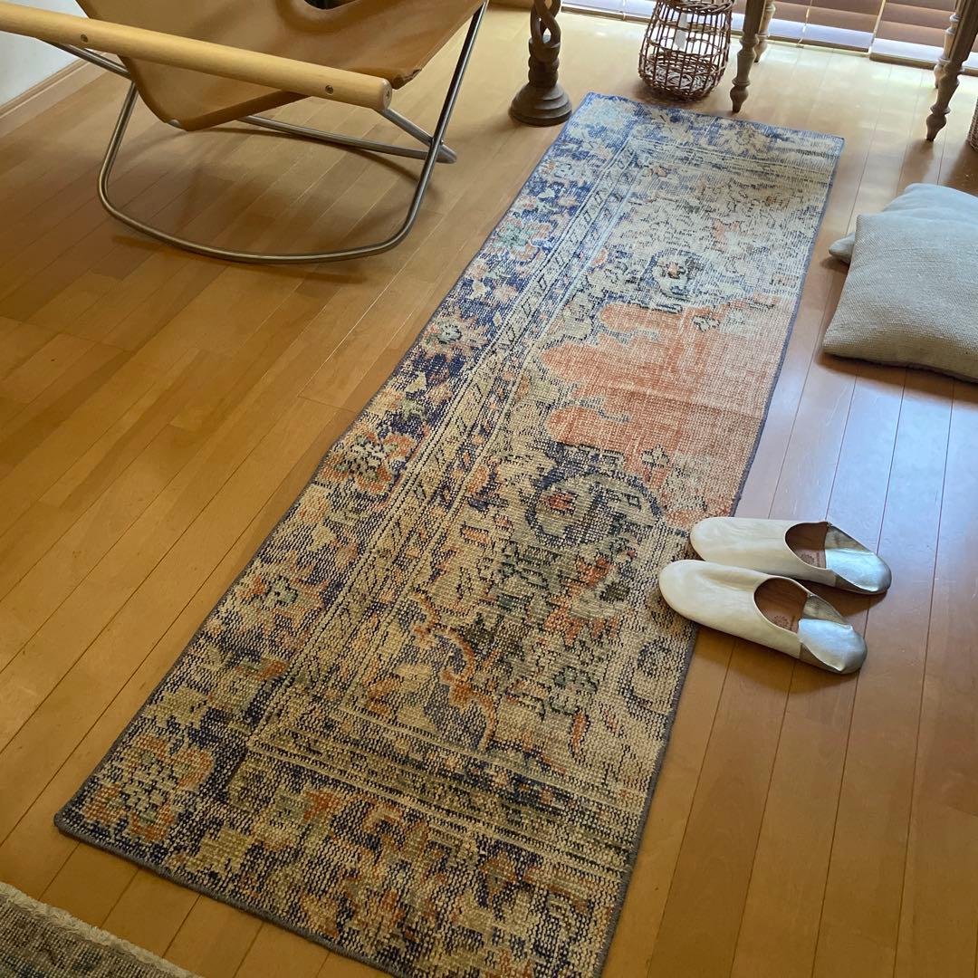 60×199 ロングランナーラグ　擦れ　シャビー　ウール　トルコヴィンテージラグ