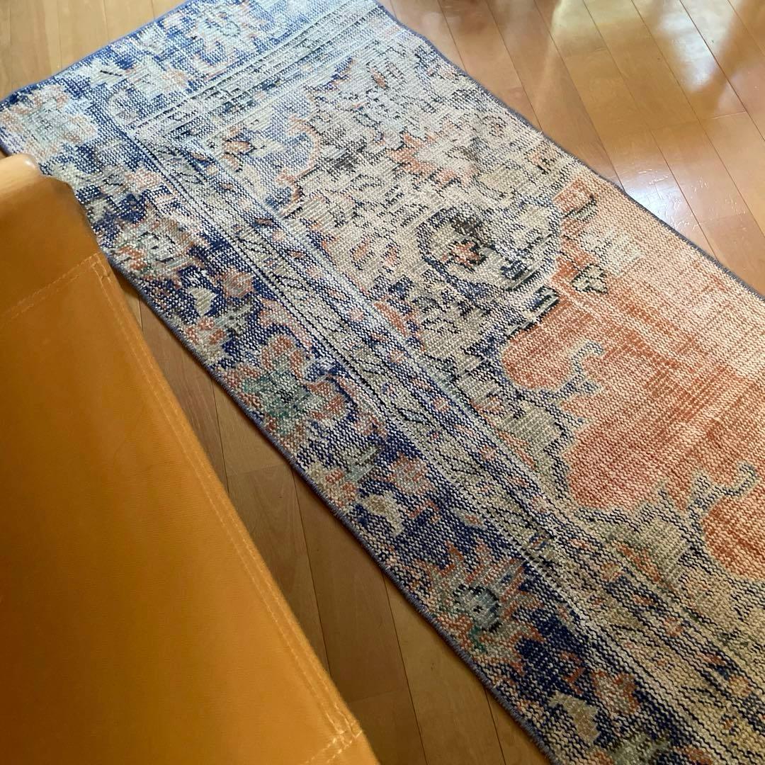60×199 ロングランナーラグ　擦れ　シャビー　ウール　トルコヴィンテージラグ