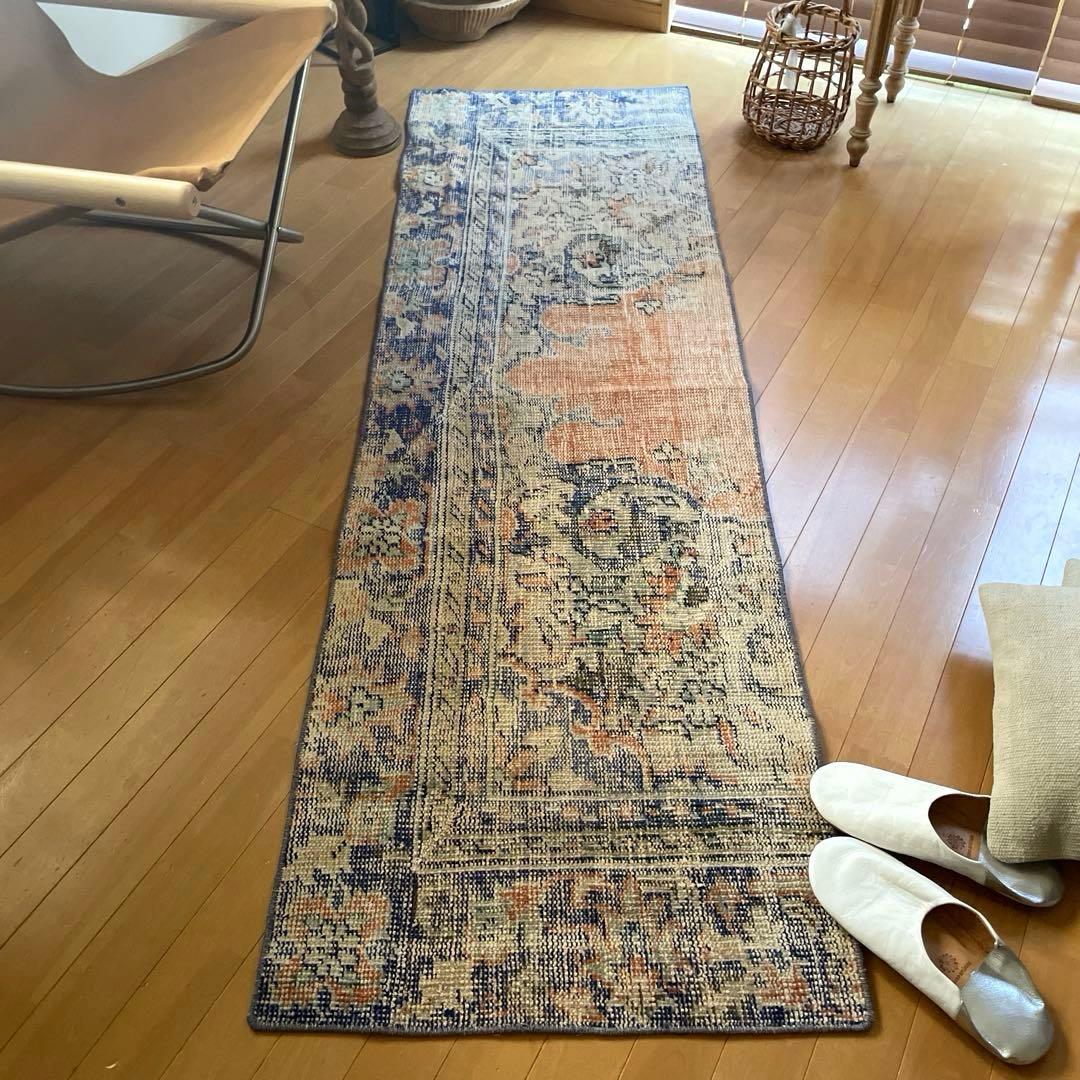 60×199 ロングランナーラグ　擦れ　シャビー　ウール　トルコヴィンテージラグ