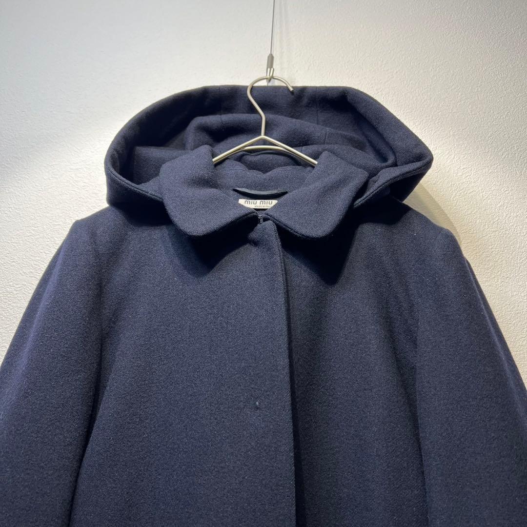 希少 MIU MIU 上質 ウール Aライン フーデッドステンカラーコート 40