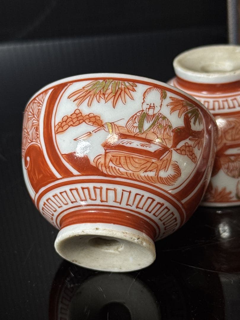 江戸期 湖東焼 赤絵金蘭手 窓絵人物図 煎茶碗 5客茶道具 井伊家 彦根藩