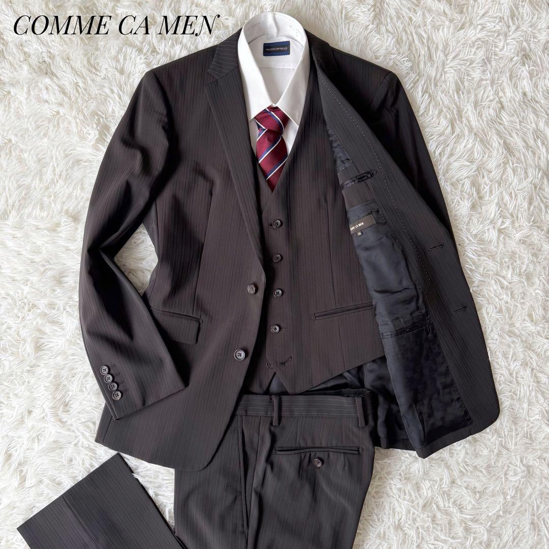 3ピース⭐︎COMME CA MEN セットアップスーツ ブラウン ストライプ46
