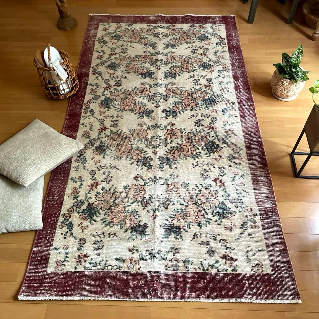 104×200 キナリ×ボルドー　薔薇の街　トルコヴィンテージラグ