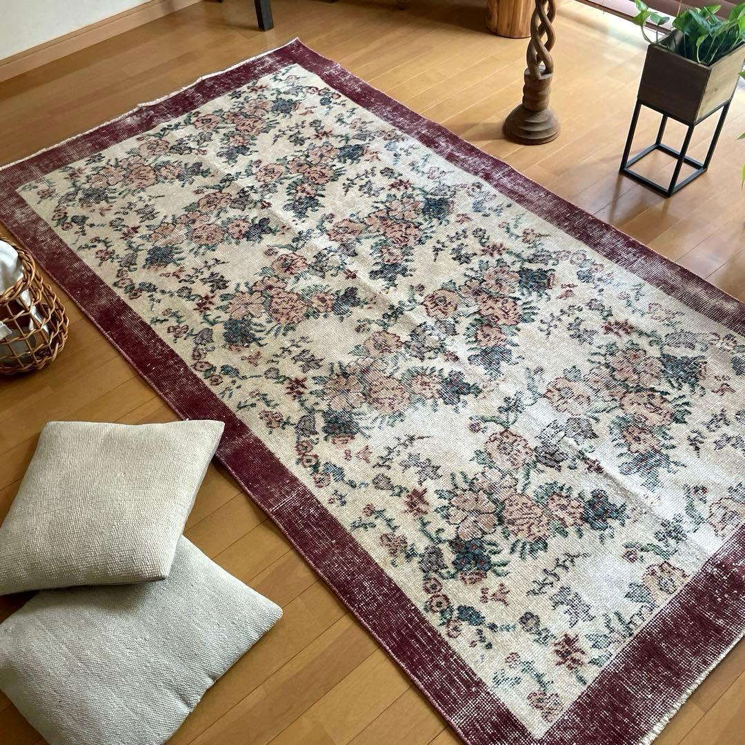 104×200 キナリ×ボルドー　薔薇の街　トルコヴィンテージラグ