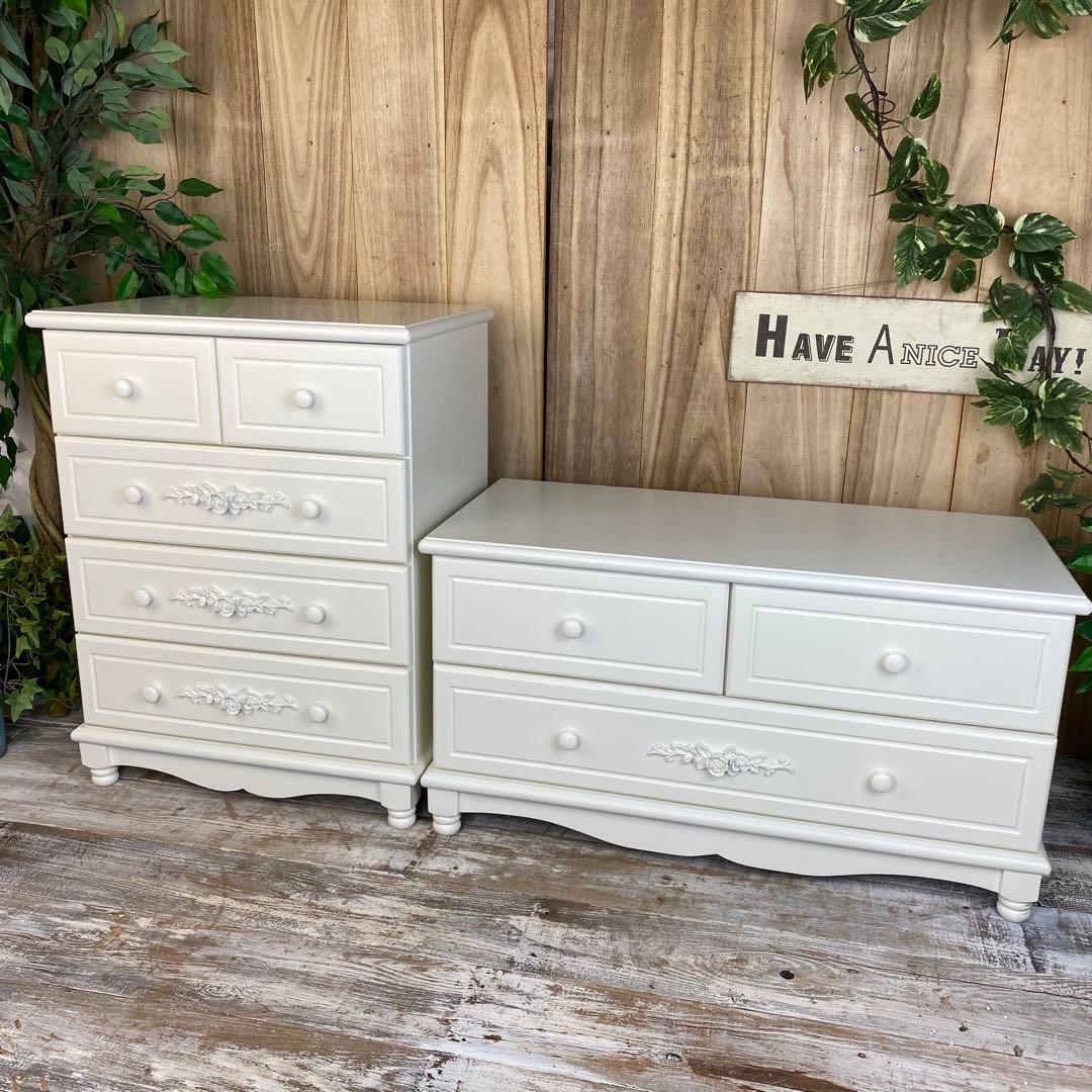 フレンチカントリー調ホワイトチェスト2点セット木製収納家具飾り棚姫系洋タンス