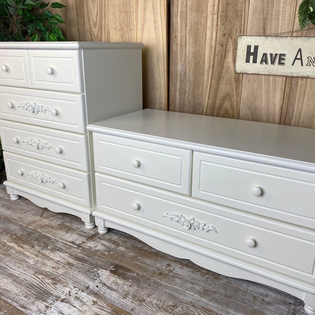 フレンチカントリー調ホワイトチェスト2点セット木製収納家具飾り棚姫系洋タンス