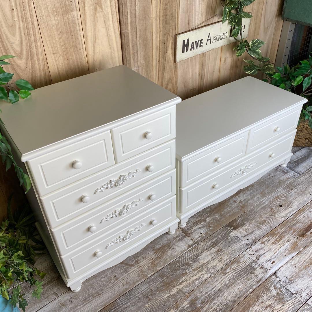 フレンチカントリー調ホワイトチェスト2点セット木製収納家具飾り棚姫系洋タンス