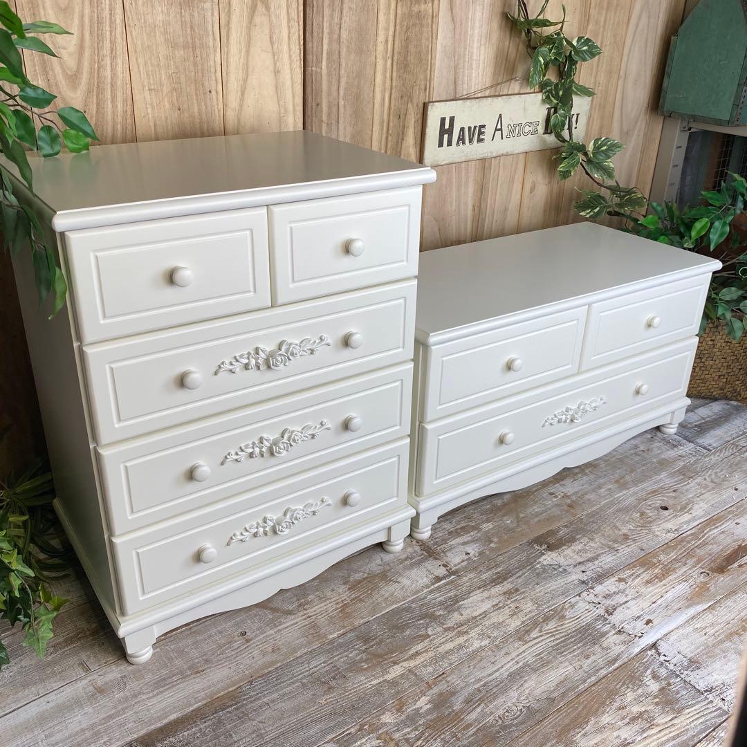 フレンチカントリー調ホワイトチェスト2点セット木製収納家具飾り棚姫系洋タンス