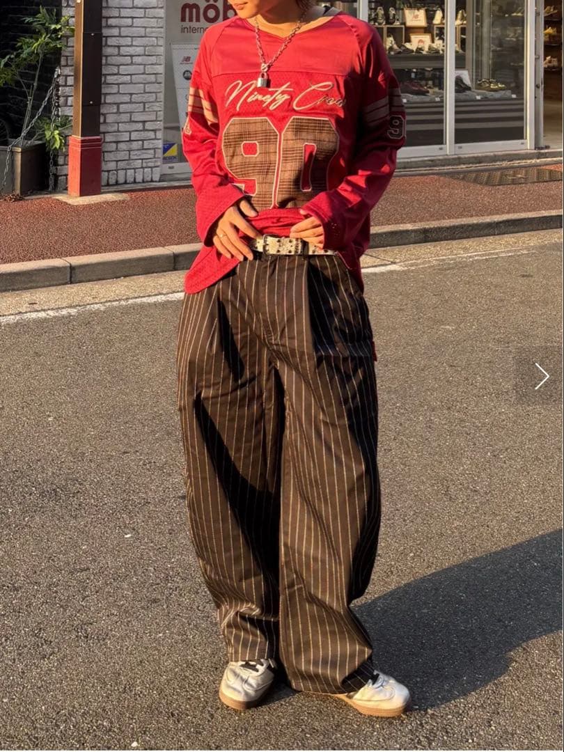 9090 ストライプ　タック　バギーパンツ　Black