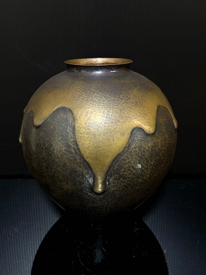 金工師 名人 島倉造 槌目打出 雨垂紋 花瓶 花生 共箱付 茶道具