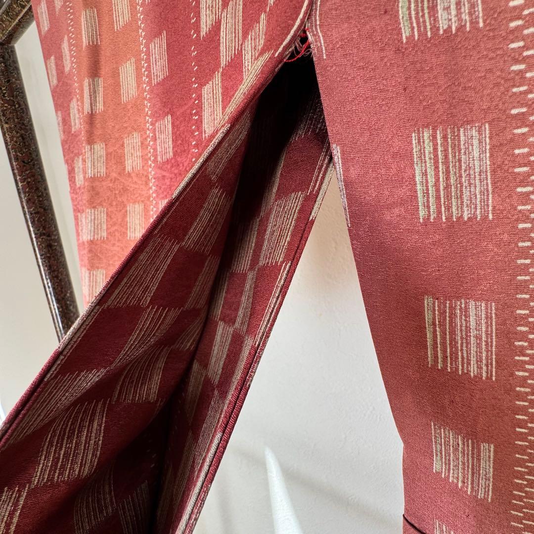 超美品　正絹　長襦袢　現代　着物　袖無双　半衿　赤茶　黄　黄緑　市松　126