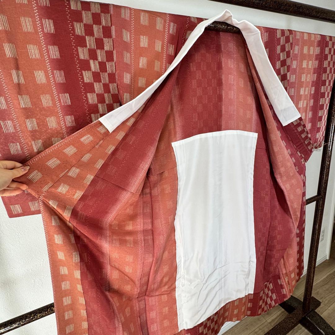 超美品　正絹　長襦袢　現代　着物　袖無双　半衿　赤茶　黄　黄緑　市松　126