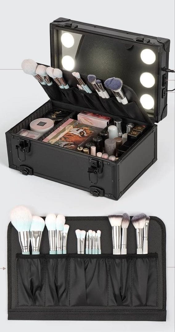 黒いメイクボックス ミラー付き メイクアップアーティスト専用化粧箱 可移動化粧台