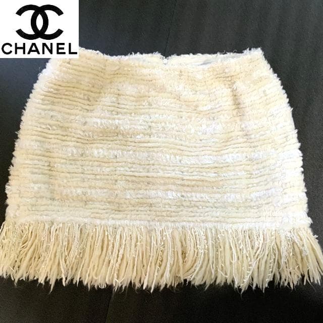 CHANEL ツイード フリンジ付き ミルキーミニスカート