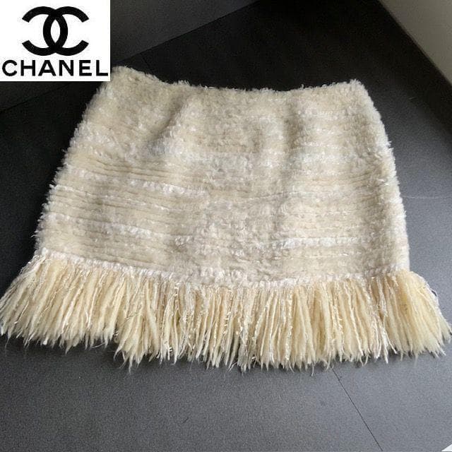 CHANEL ツイード フリンジ付き ミルキーミニスカート