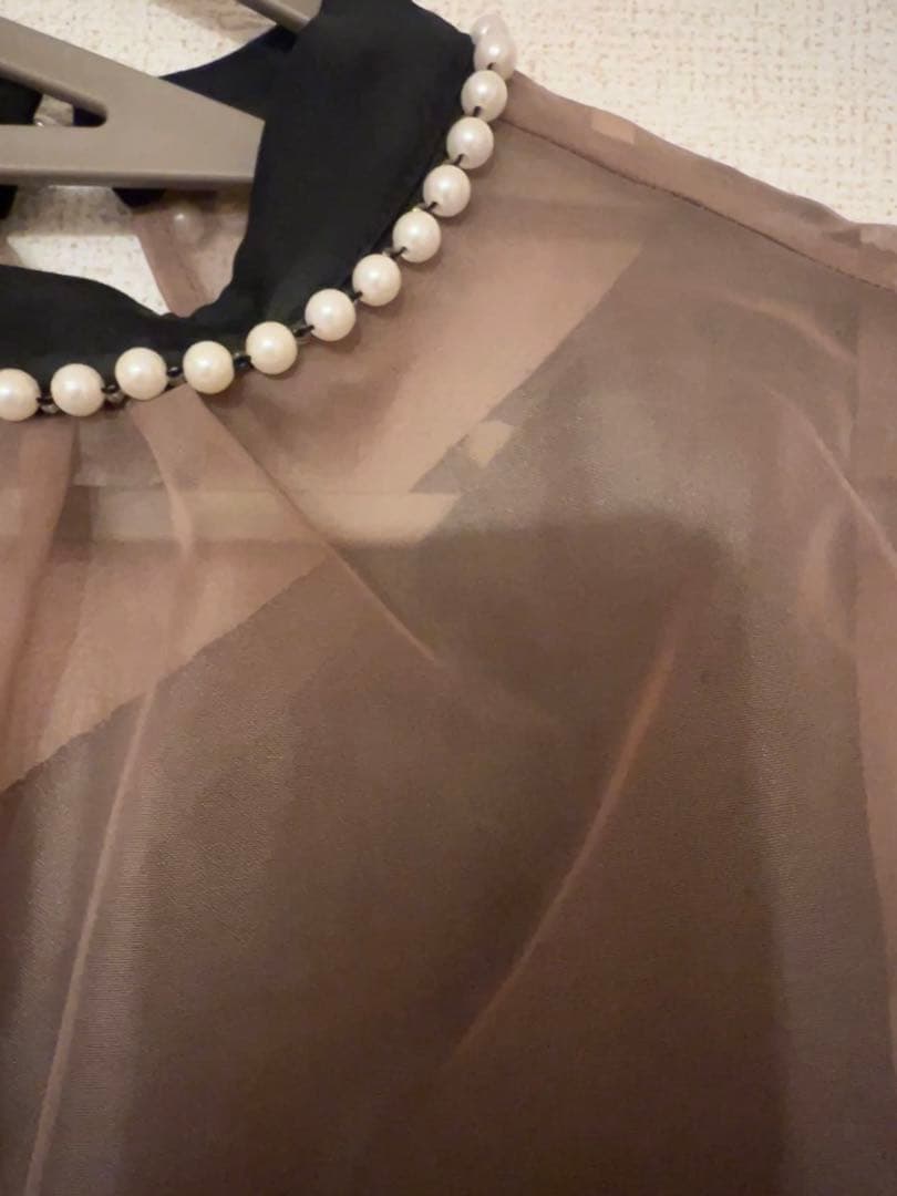 【LEJA】パールネックパフスリーブボレロ格子レースワンピースドレス　Mサイズ