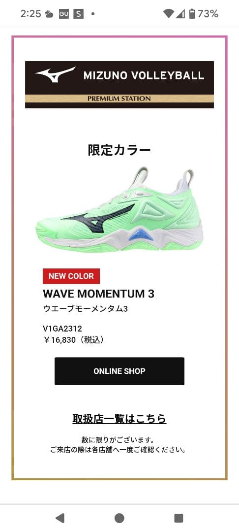 Mizunoバレーボールシューズ ウェーブモーメンタム3 25.5cm