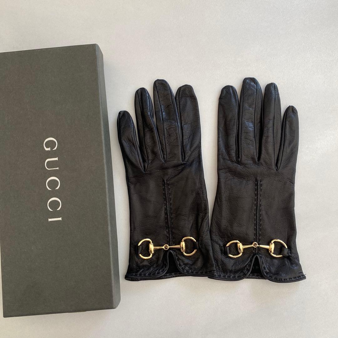 美品　グッチ　GUCCI レザーグローブ　ブラック　黒革手袋　サイズ7ハーフ