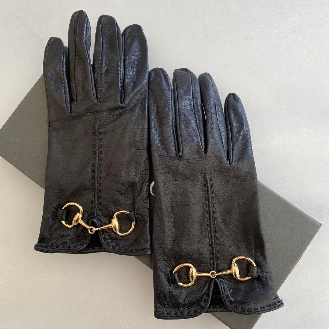 美品　グッチ　GUCCI レザーグローブ　ブラック　黒革手袋　サイズ7ハーフ