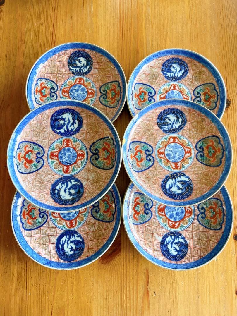【骨董】古伊万里 玩玉銘 染付赤絵金彩 龍文様 皿6枚セット