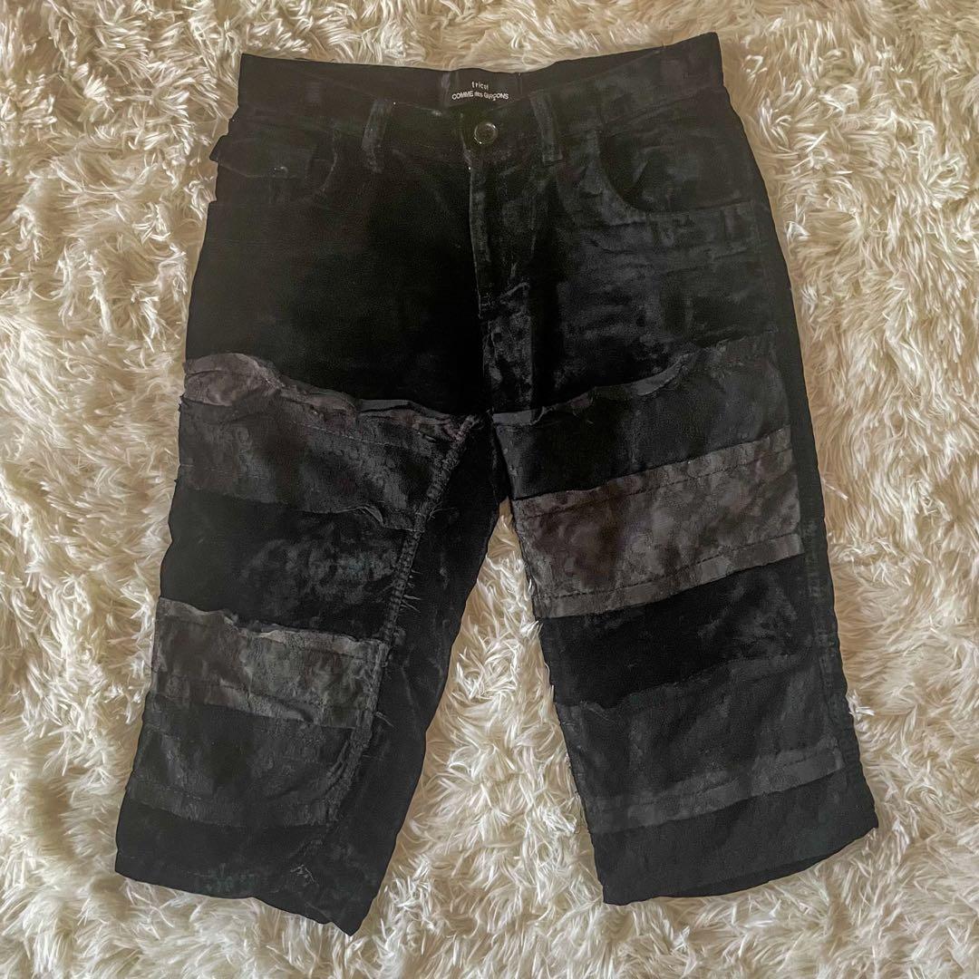 トリコ コムデギャルソン レース装飾切替 ベロア ハーフパンツ Mサイズ　黒