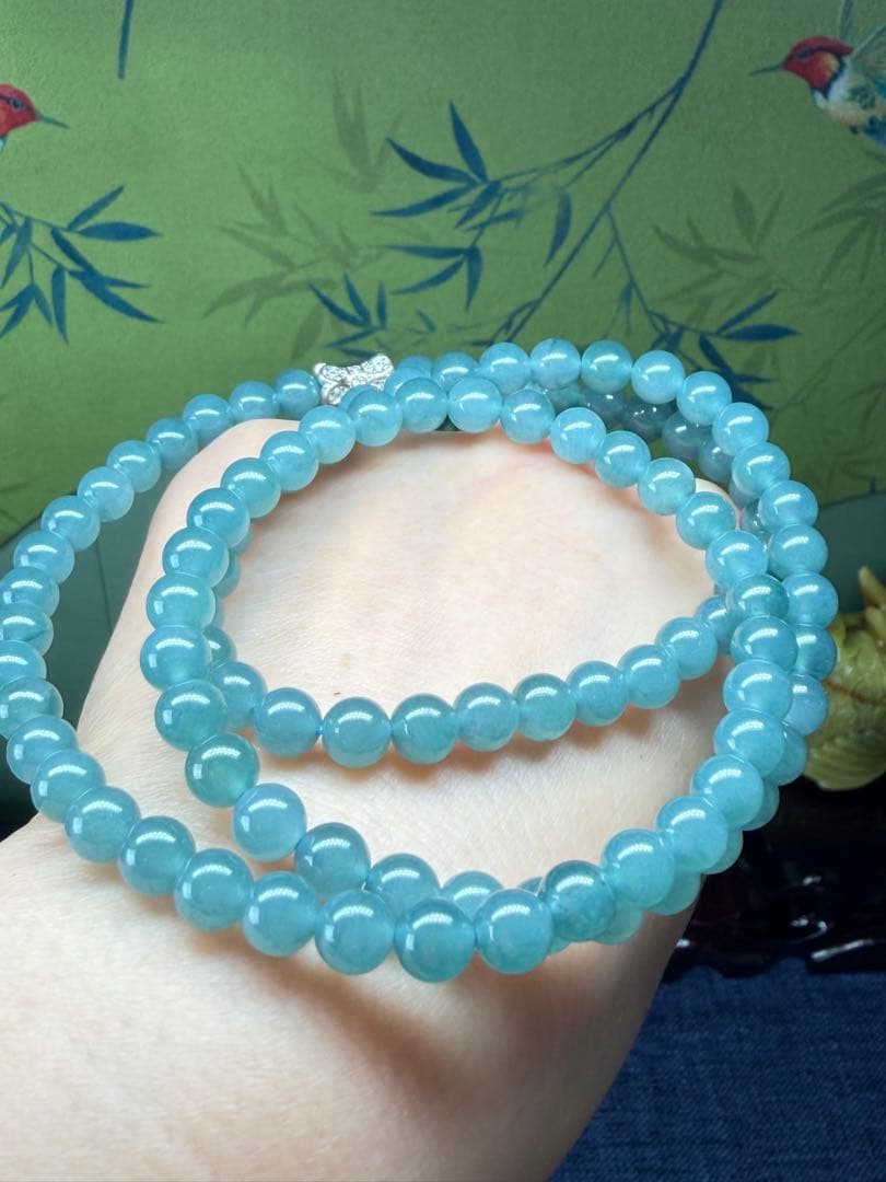 お買い得❣️天然本翡翠　完美度高い、純正ブルー氷藍水一連ネックレス　鑑定書付き