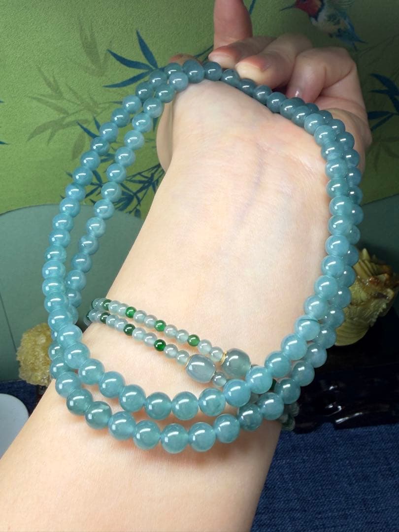 お買い得❣️天然本翡翠　完美度高い、純正ブルー氷藍水一連ネックレス　鑑定書付き