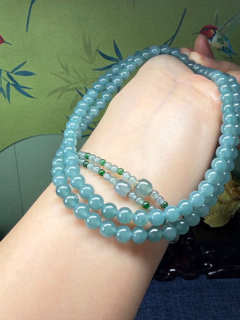 お買い得❣️天然本翡翠　完美度高い、純正ブルー氷藍水一連ネックレス　鑑定書付き