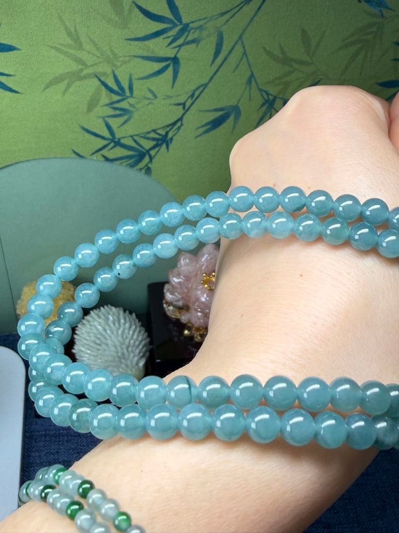 お買い得❣️天然本翡翠　完美度高い、純正ブルー氷藍水一連ネックレス　鑑定書付き